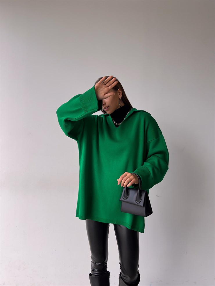 Polo Yaka Uzun Kol Oversize Kadın Yeşil Kazak 23K000192