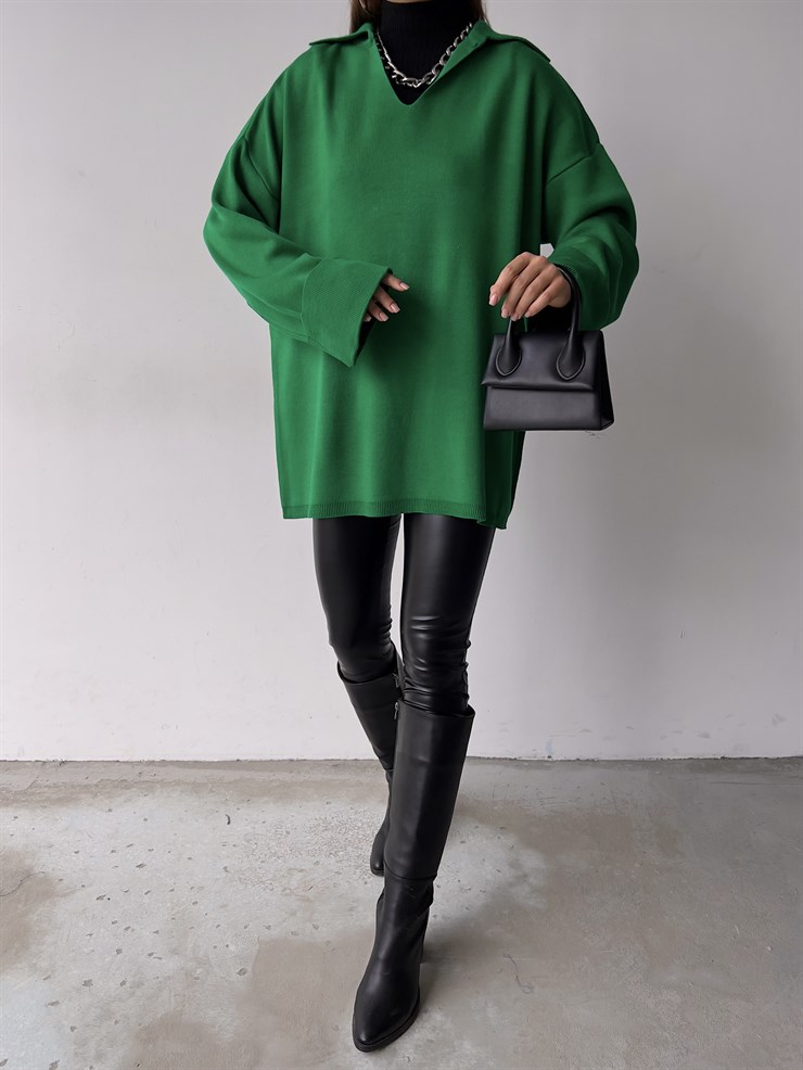 Polo Yaka Uzun Kol Oversize Kadın Yeşil Kazak 23K000192