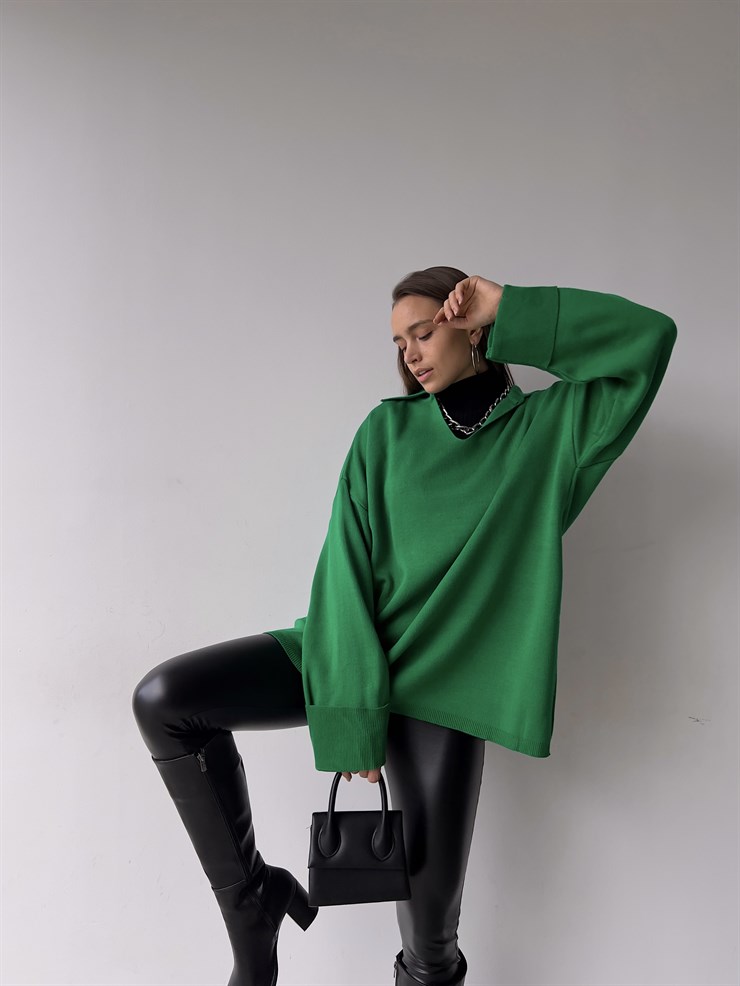Polo Yaka Uzun Kol Oversize Kadın Yeşil Kazak 23K000192