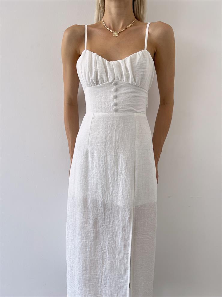 İnce Askılı Önü Büzgü Ve Düğme Detaylı Sırtı Dekolteli Pontius Kadın Beyaz Elbise 23Y000494