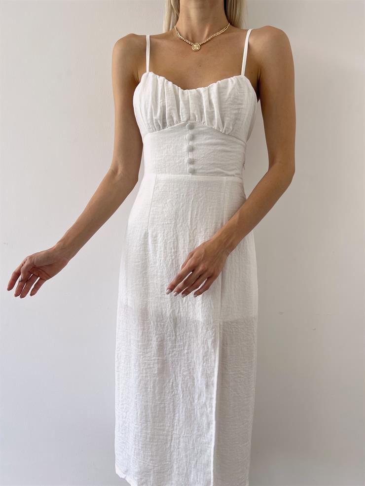 İnce Askılı Önü Büzgü Ve Düğme Detaylı Sırtı Dekolteli Pontius Kadın Beyaz Elbise 23Y000494