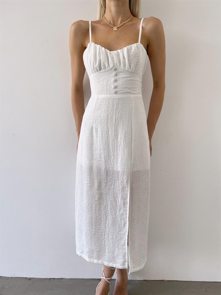 İnce Askılı Önü Büzgü Ve Düğme Detaylı Sırtı Dekolteli Pontius Kadın Beyaz Elbise 23Y000494