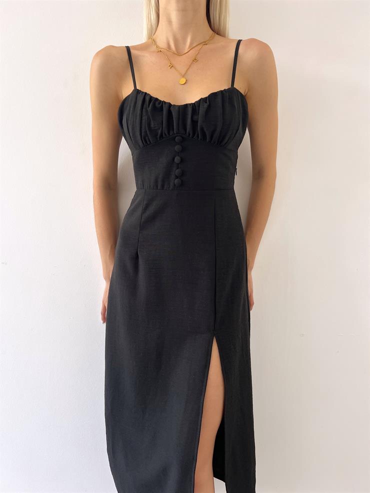 İnce Askılı Önü Büzgü Ve Düğme Detaylı Sırtı Dekolteli Pontius Kadın Siyah Elbise 23Y000494