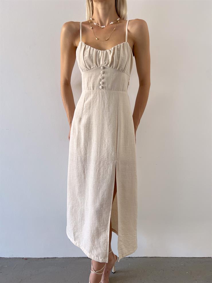 İnce Askılı Önü Büzgü Ve Düğme Detaylı Sırtı Dekolteli Pontius Kadın Taş Elbise 23Y000494