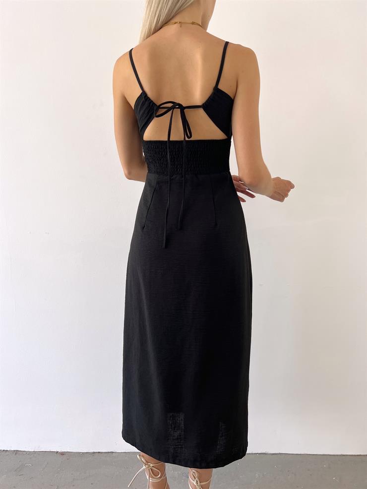 İnce Askılı Önü Büzgü Ve Düğme Detaylı Sırtı Dekolteli Pontius Kadın Siyah Elbise 23Y000494