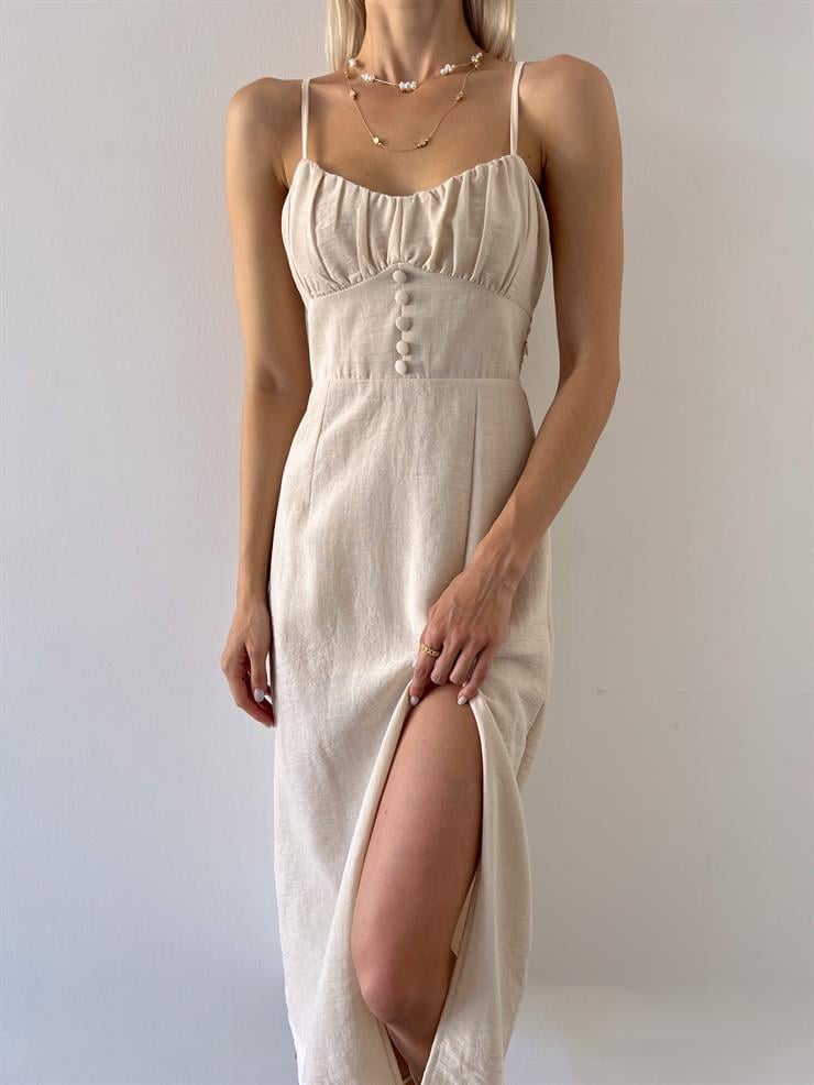 İnce Askılı Önü Büzgü Ve Düğme Detaylı Sırtı Dekolteli Pontius Kadın Taş Elbise 23Y000494