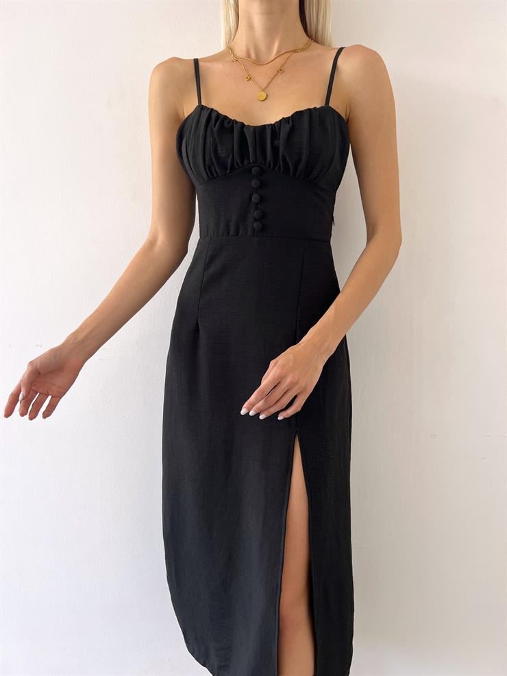 İnce Askılı Önü Büzgü Ve Düğme Detaylı Sırtı Dekolteli Pontius Kadın Siyah Elbise 23Y000494