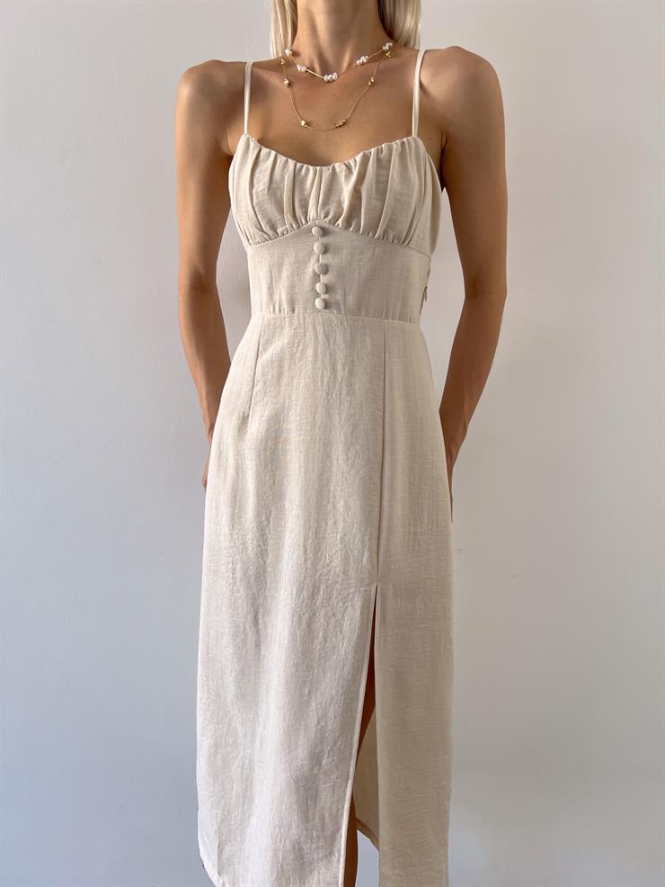 İnce Askılı Önü Büzgü Ve Düğme Detaylı Sırtı Dekolteli Pontius Kadın Taş Elbise 23Y000494