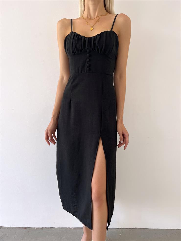 İnce Askılı Önü Büzgü Ve Düğme Detaylı Sırtı Dekolteli Pontius Kadın Siyah Elbise 23Y000494