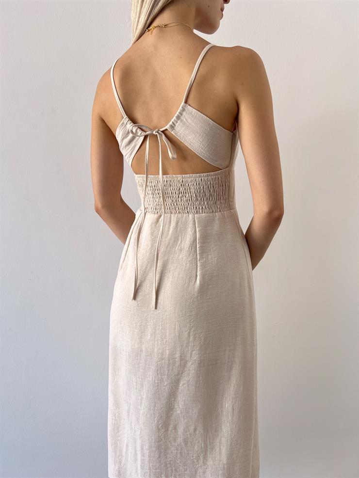 İnce Askılı Önü Büzgü Ve Düğme Detaylı Sırtı Dekolteli Pontius Kadın Taş Elbise 23Y000494