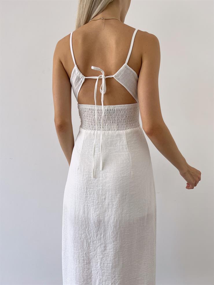 İnce Askılı Önü Büzgü Ve Düğme Detaylı Sırtı Dekolteli Pontius Kadın Beyaz Elbise 23Y000494