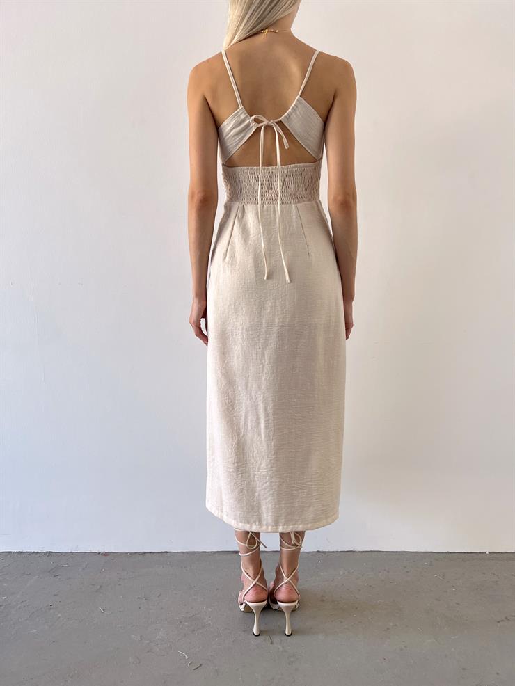 İnce Askılı Önü Büzgü Ve Düğme Detaylı Sırtı Dekolteli Pontius Kadın Taş Elbise 23Y000494