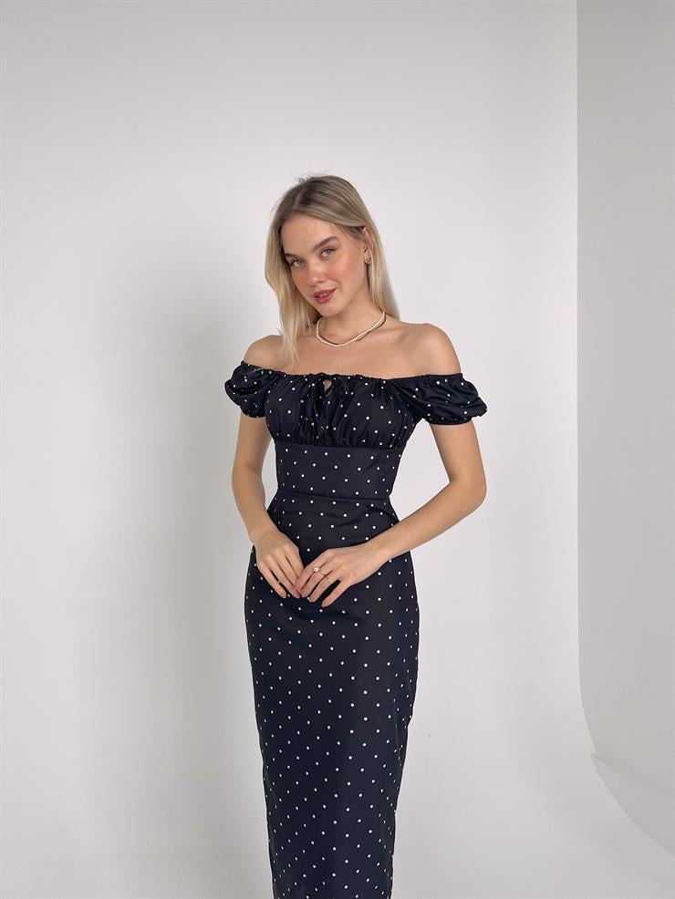 Düşük Omuz Göğsü Bağlama Detaylı Belden Oturtmalı Ponzi Kadın Siyah Elbise 23Y000139