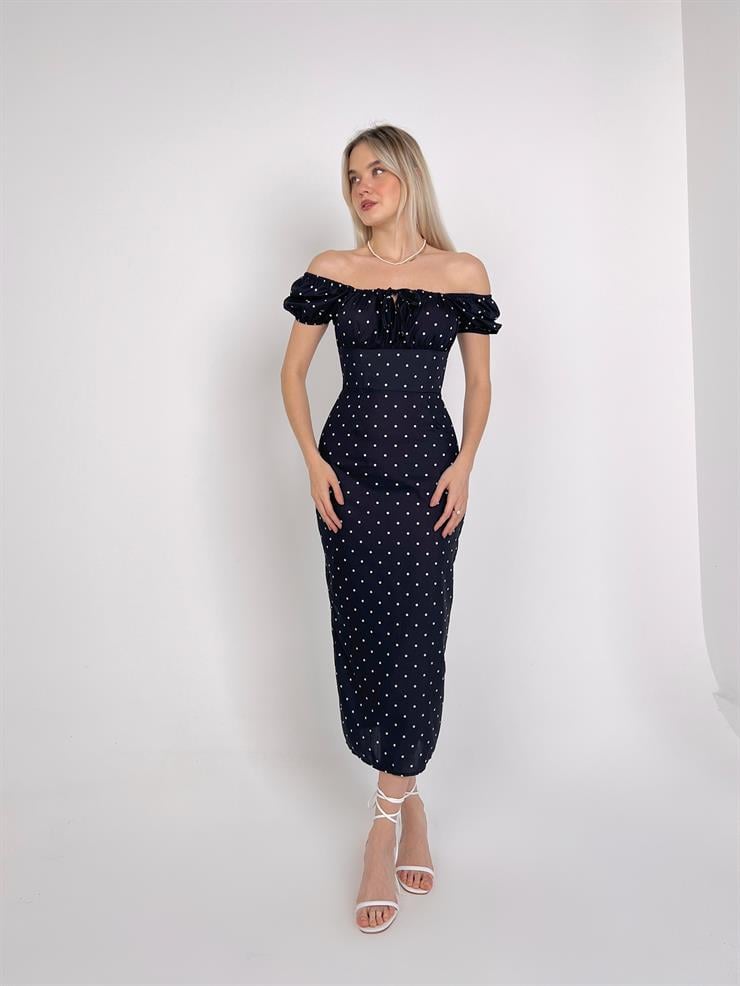 Düşük Omuz Göğsü Bağlama Detaylı Belden Oturtmalı Ponzi Kadın Siyah Elbise 23Y000139