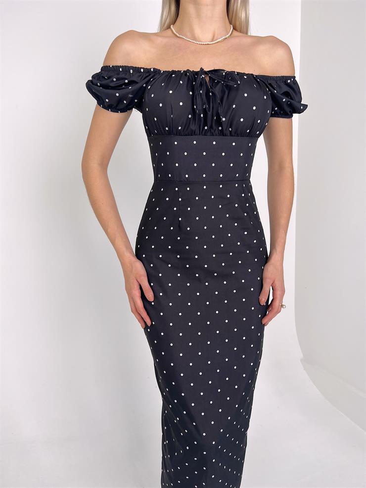 Düşük Omuz Göğsü Bağlama Detaylı Belden Oturtmalı Ponzi Kadın Siyah Elbise 23Y000139