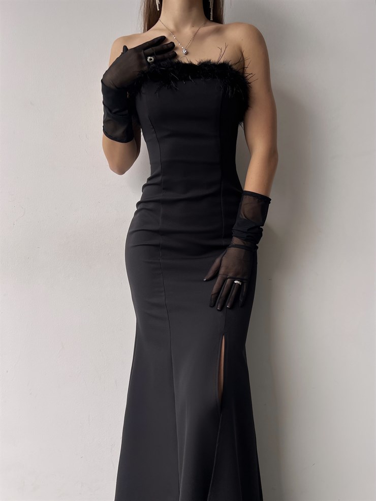 Straplez Göğüs Kısmı Tüy Detay Yırtmaçlı Poppy Kadın Siyah Elbise 23K000371