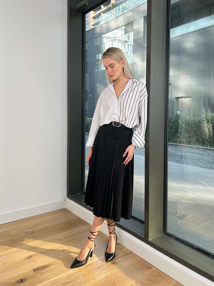 Yüksek Bel Yırtmaçlı Pratham Kadın Siyah Pileli Etek 24k289