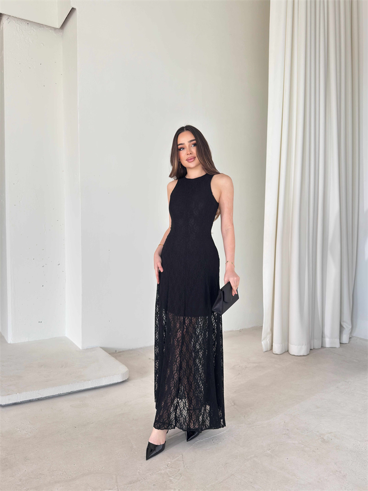 Sıfır Kol Dantelli Belden Oturtmalı Prenci Siyah Kadın Elbise 26Y058