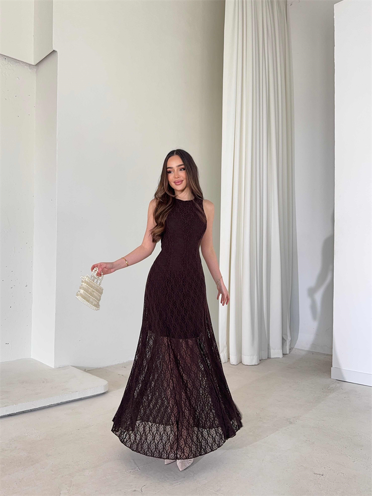 Sıfır Kol Dantelli Belden Oturtmalı Prenci Kahve Kadın Elbise 26Y058