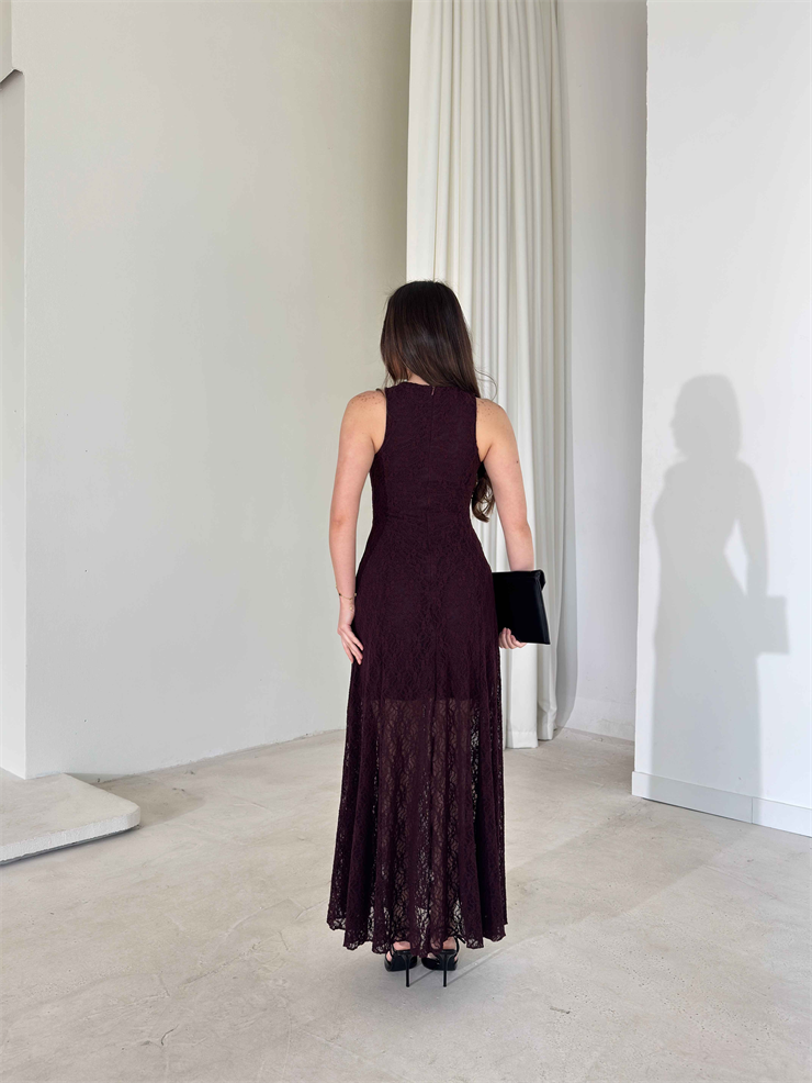 Sıfır Kol Dantelli Belden Oturtmalı Prenci Bordo Kadın Elbise 26Y058