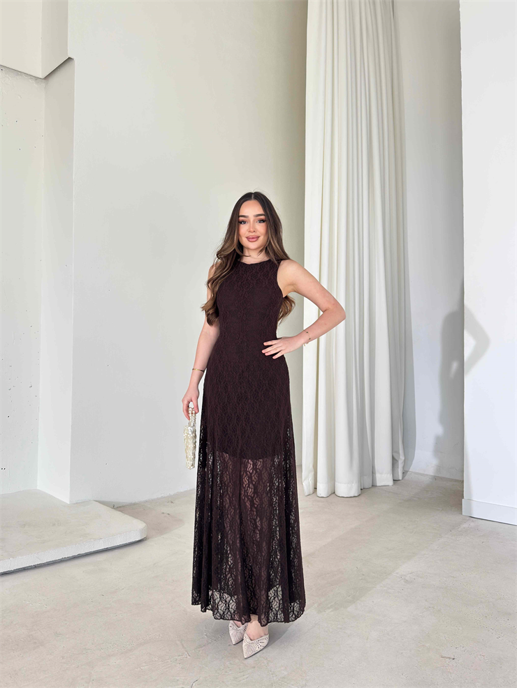 Sıfır Kol Dantelli Belden Oturtmalı Prenci Kahve Kadın Elbise 26Y058