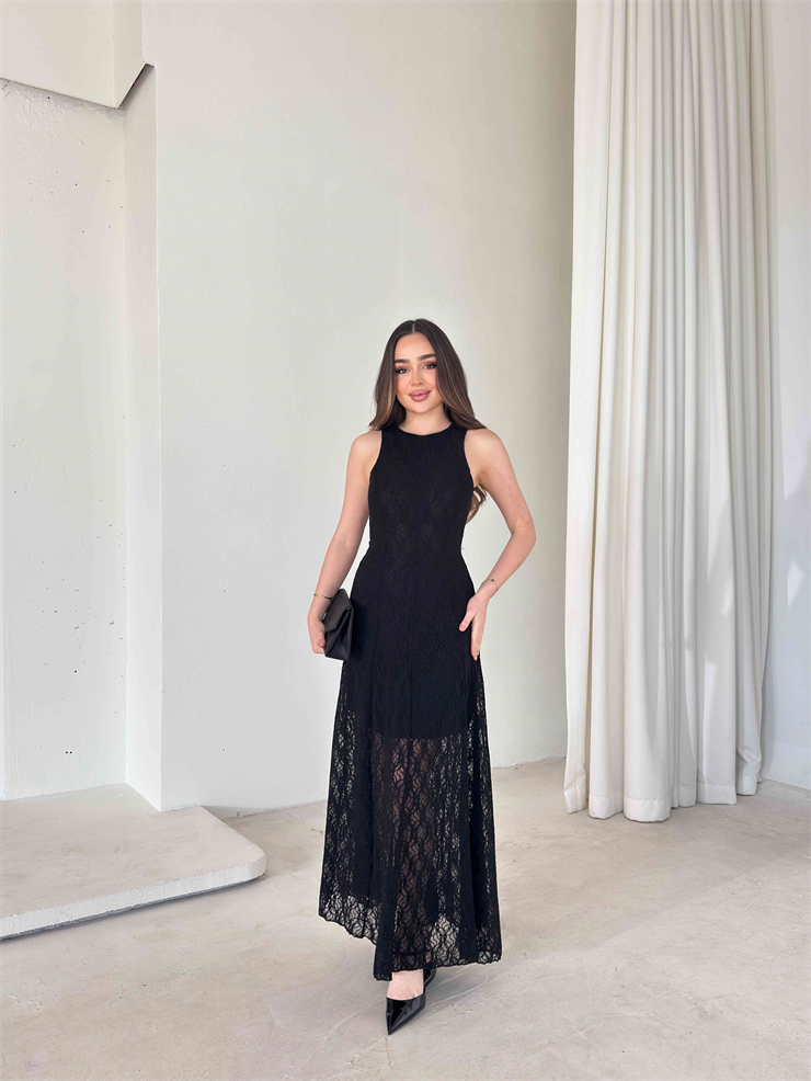 Sıfır Kol Dantelli Belden Oturtmalı Prenci Siyah Kadın Elbise 26Y058