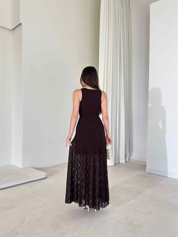 Sıfır Kol Dantelli Belden Oturtmalı Prenci Kahve Kadın Elbise 26Y058