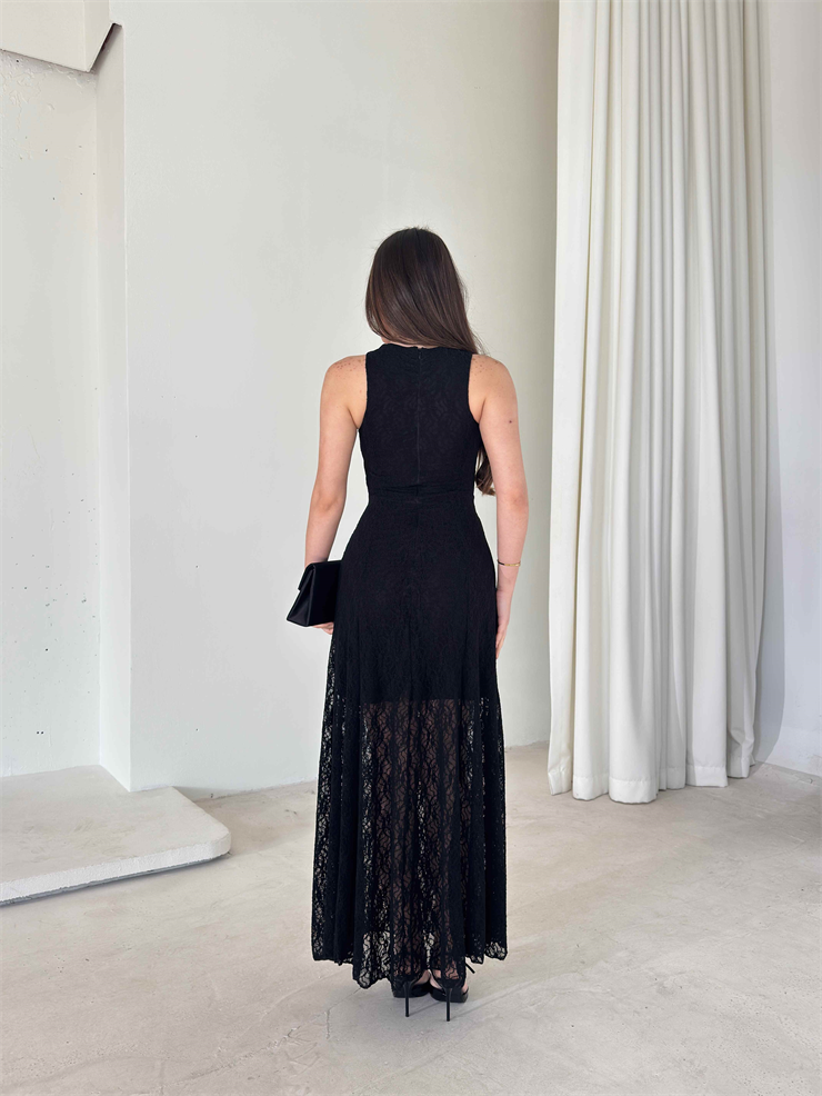 Sıfır Kol Dantelli Belden Oturtmalı Prenci Siyah Kadın Elbise 26Y058