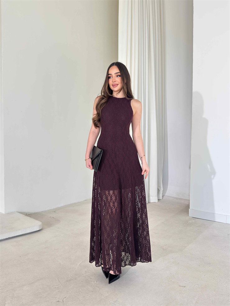 Sıfır Kol Dantelli Belden Oturtmalı Prenci Bordo Kadın Elbise 26Y058