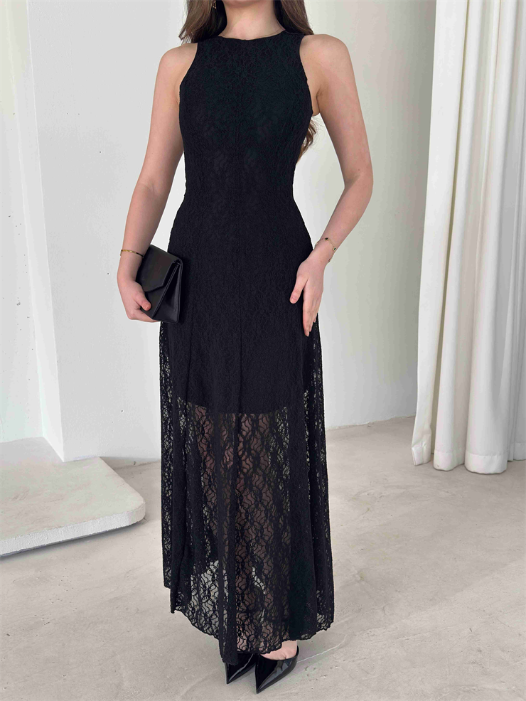 Sıfır Kol Dantelli Belden Oturtmalı Prenci Siyah Kadın Elbise 26Y058