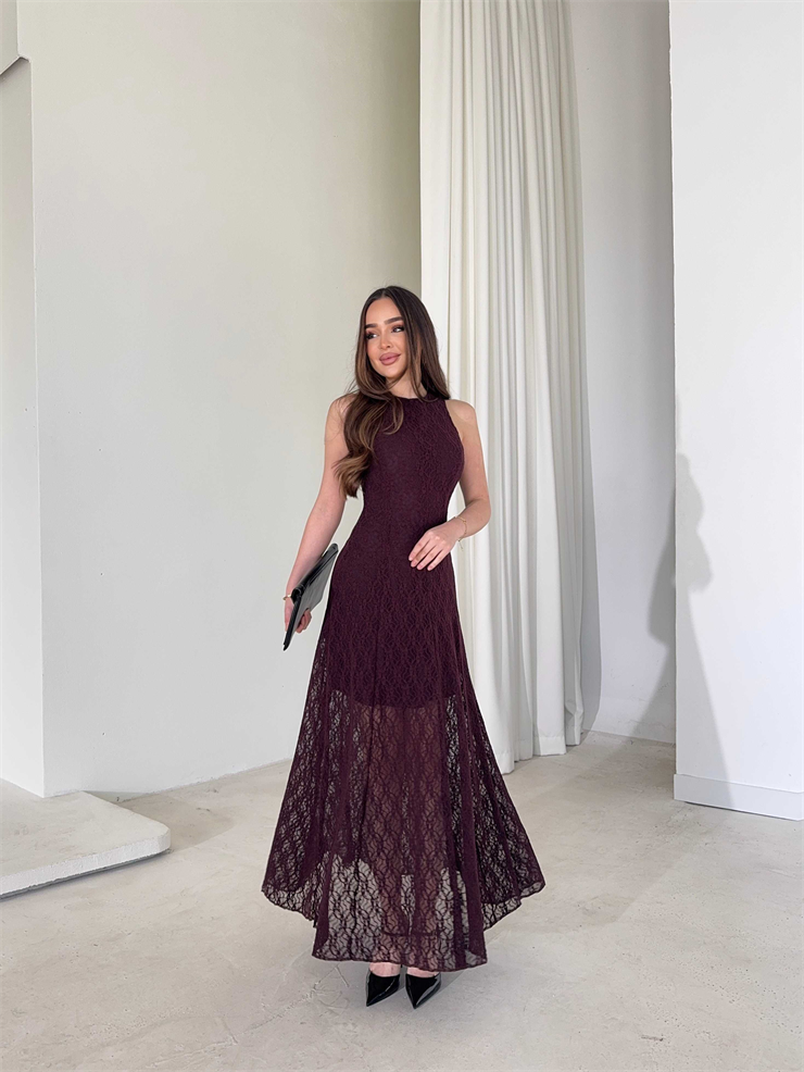 Sıfır Kol Dantelli Belden Oturtmalı Prenci Bordo Kadın Elbise 26Y058