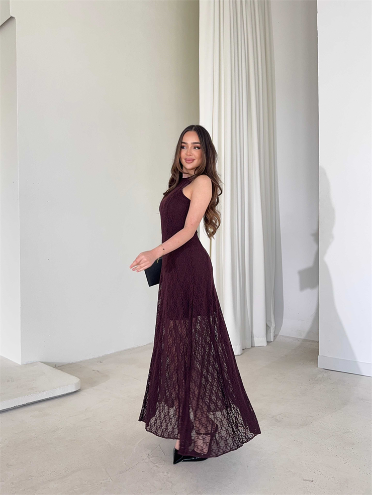 Sıfır Kol Dantelli Belden Oturtmalı Prenci Bordo Kadın Elbise 26Y058