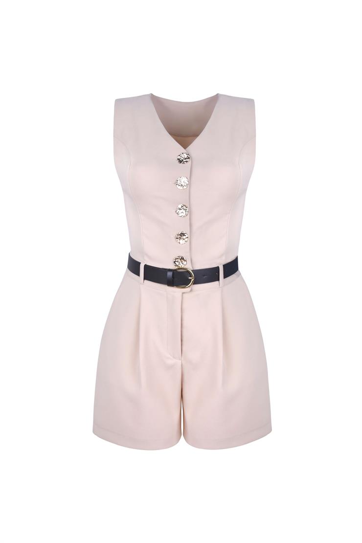 Kolsuz Düğme Kapamalı Beli Kemerli Pens Detaylı Preper Taş Kadın Şort Tulum 25Y215