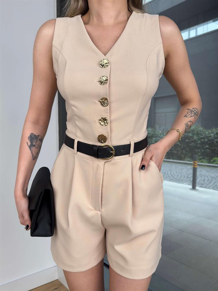 Kolsuz Düğme Kapamalı Beli Kemerli Pens Detaylı Preper Taş Kadın Şort Tulum 25Y215