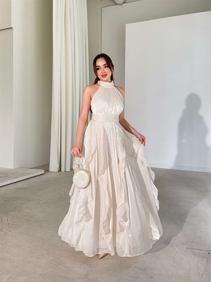 Kemerli Boyundan Bağlamalı Maxi Ekru Preston Kadın Elbise 26Y211