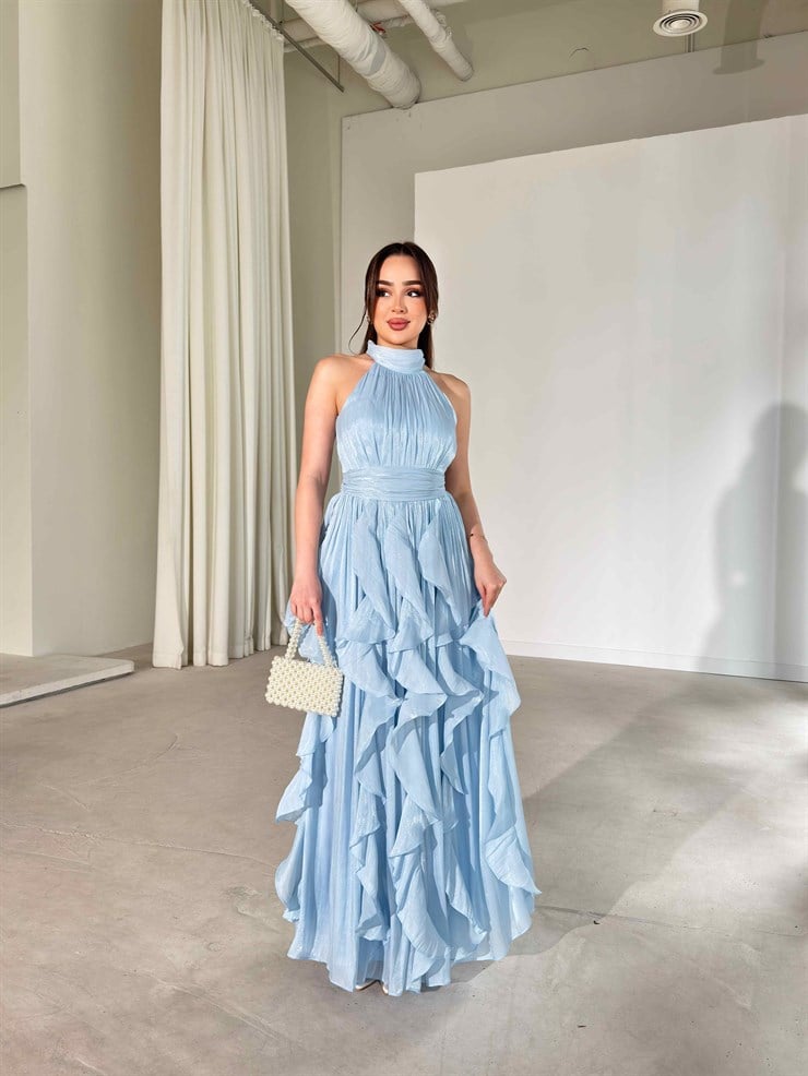 Kemerli Boyundan Bağlamalı Maxi Mavi Preston Kadın Elbise 26Y211