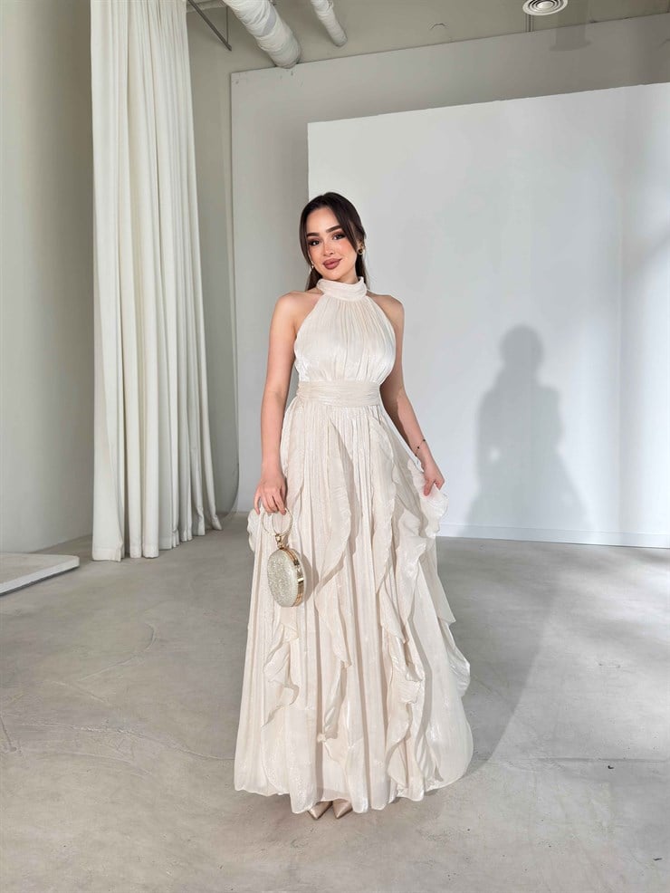 Kemerli Boyundan Bağlamalı Maxi Ekru Preston Kadın Elbise 26Y211