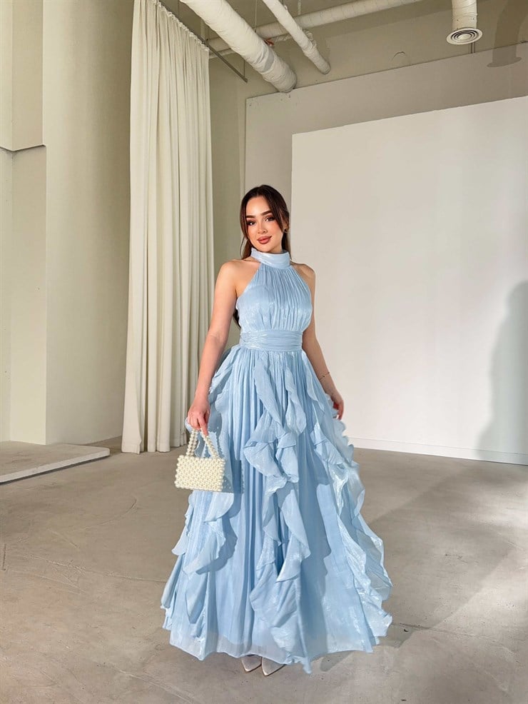 Kemerli Boyundan Bağlamalı Maxi Mavi Preston Kadın Elbise 26Y211