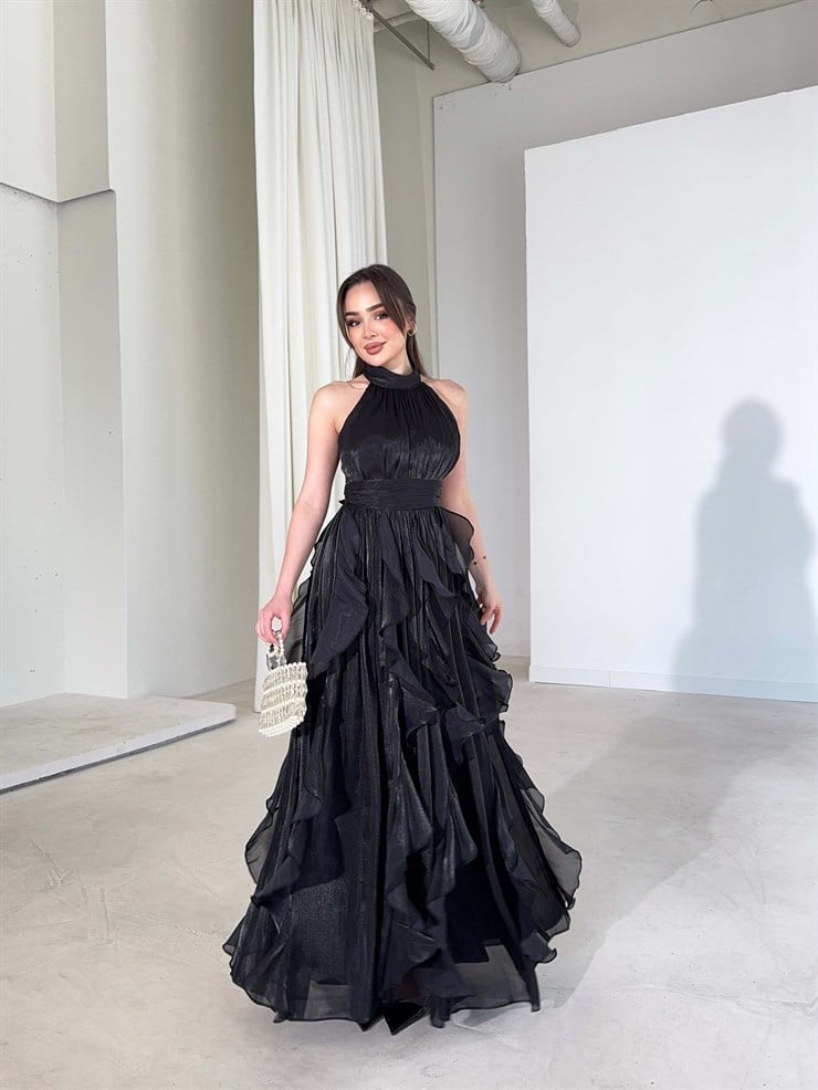 Kemerli Boyundan Bağlamalı Maxi Siyah Preston Kadın Elbise 26Y211