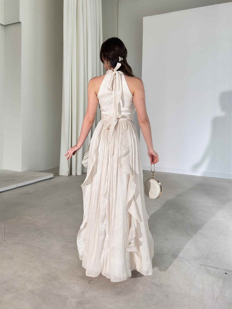 Kemerli Boyundan Bağlamalı Maxi Ekru Preston Kadın Elbise 26Y211