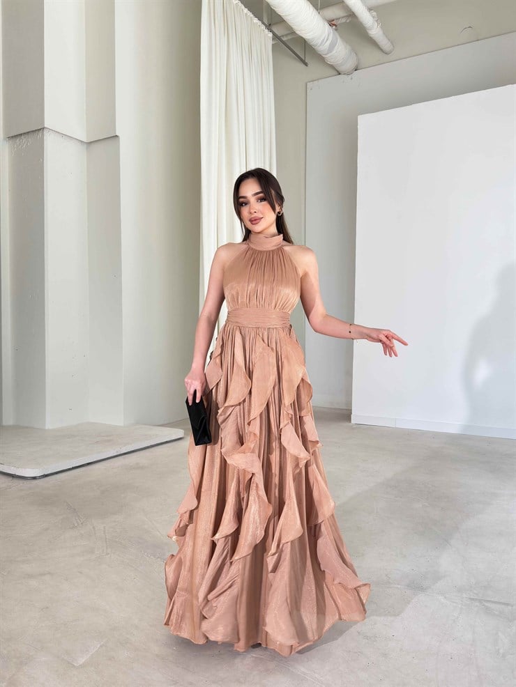 Kemerli Boyundan Bağlamalı Maxi Vizon Preston Kadın Elbise 26Y211