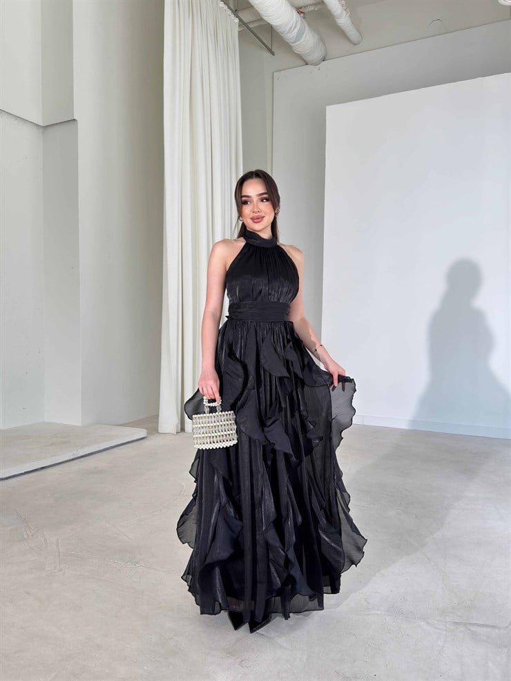 Kemerli Boyundan Bağlamalı Maxi Siyah Preston Kadın Elbise 26Y211