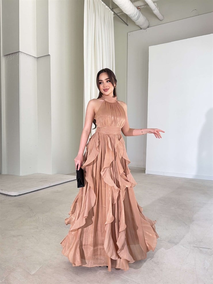 Kemerli Boyundan Bağlamalı Maxi Vizon Preston Kadın Elbise 26Y211