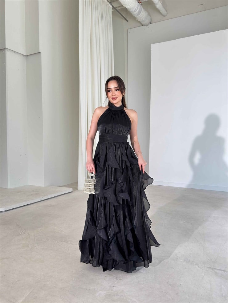 Kemerli Boyundan Bağlamalı Maxi Siyah Preston Kadın Elbise 26Y211