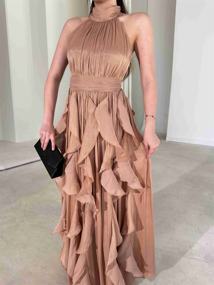 Kemerli Boyundan Bağlamalı Maxi Vizon Preston Kadın Elbise 26Y211