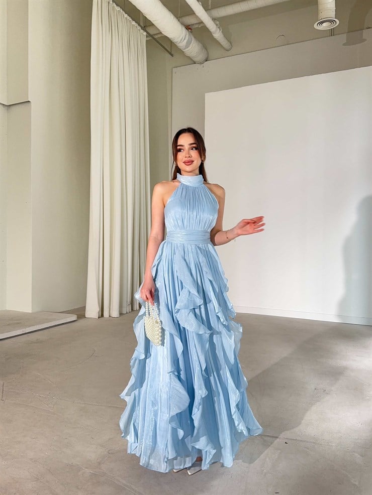 Kemerli Boyundan Bağlamalı Maxi Mavi Preston Kadın Elbise 26Y211