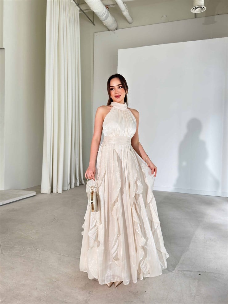 Kemerli Boyundan Bağlamalı Maxi Ekru Preston Kadın Elbise 26Y211