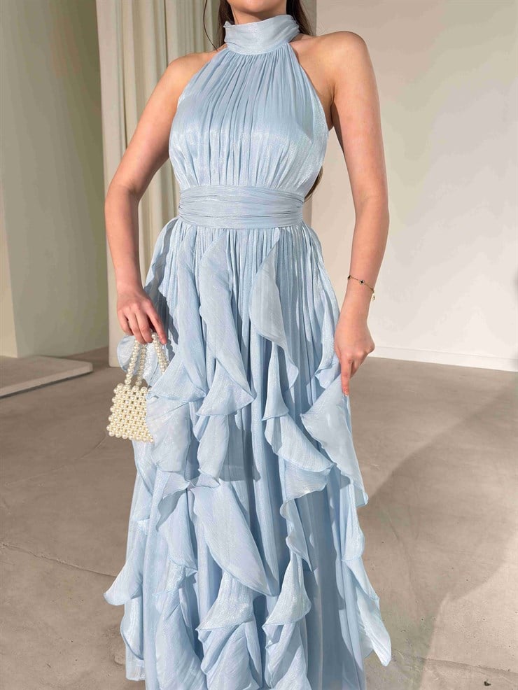 Kemerli Boyundan Bağlamalı Maxi Mavi Preston Kadın Elbise 26Y211