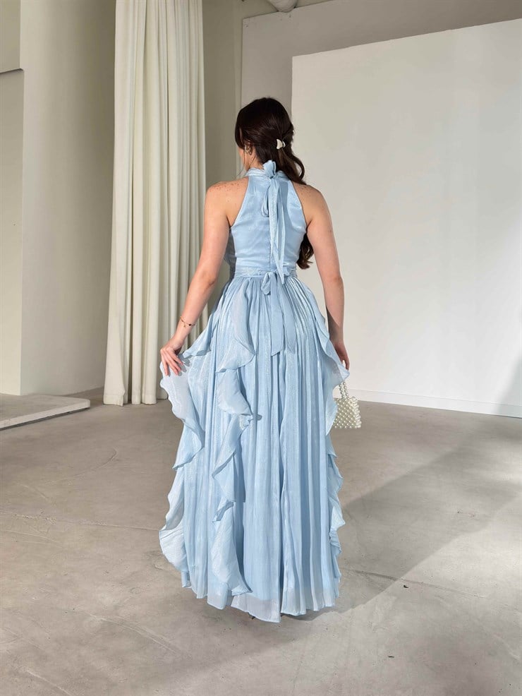 Kemerli Boyundan Bağlamalı Maxi Mavi Preston Kadın Elbise 26Y211