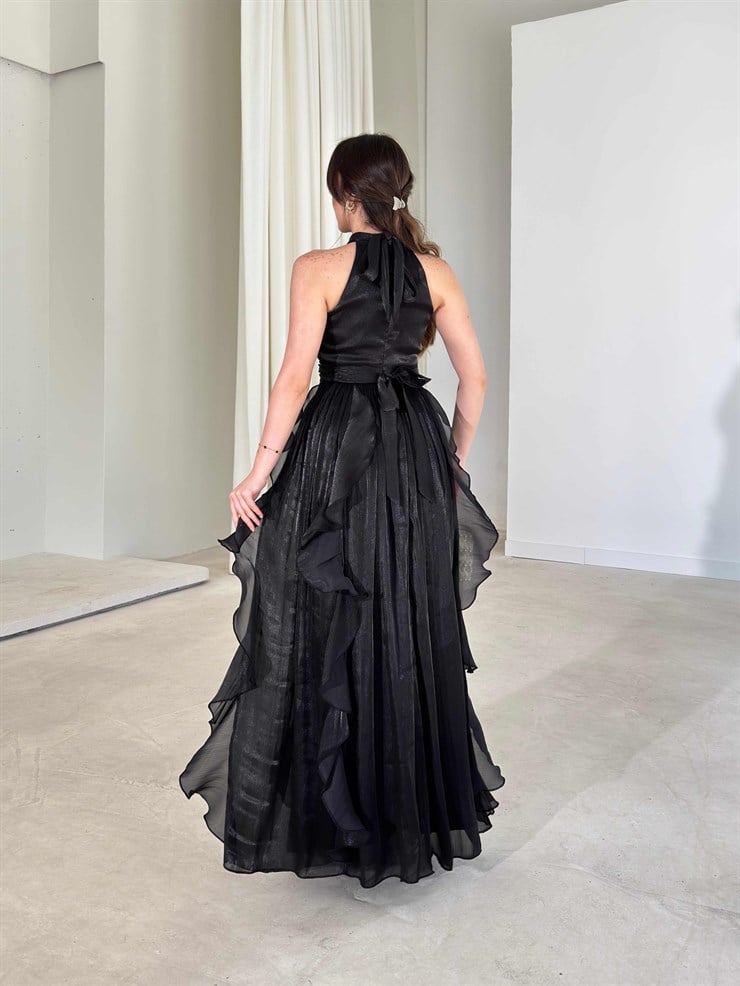 Kemerli Boyundan Bağlamalı Maxi Siyah Preston Kadın Elbise 26Y211